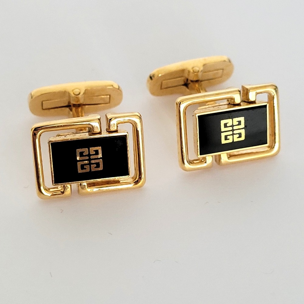 Givenchy Vintage Gold Tone Black Onyx 4G Logo Geometric Rectangular Cufflinks